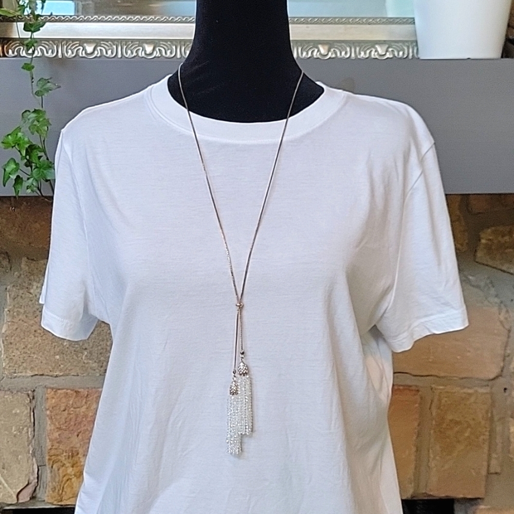 Charming Charlie Rose Gold Tassel Necklace w Cut Crystal Quartz